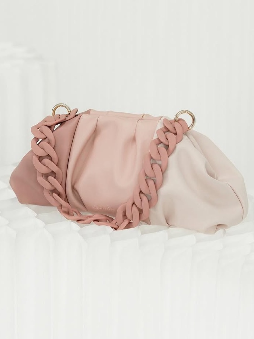 Tri-Tone Ruched Clutch with Chunky Chain Strap - Cream & Blush